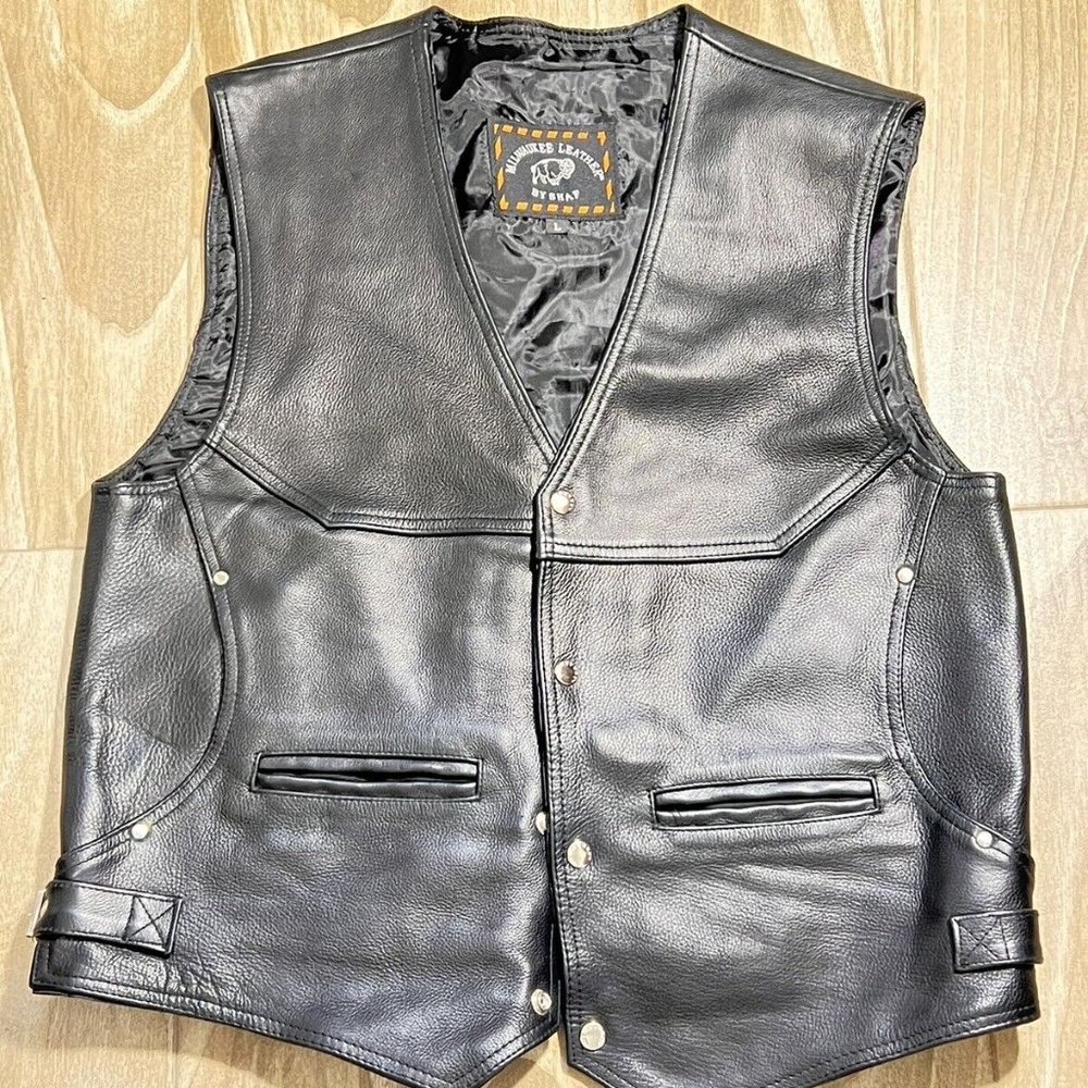 Men's Milwaukee Leather By Shaf, Black, Leather Snap Front Vest  Size: Large